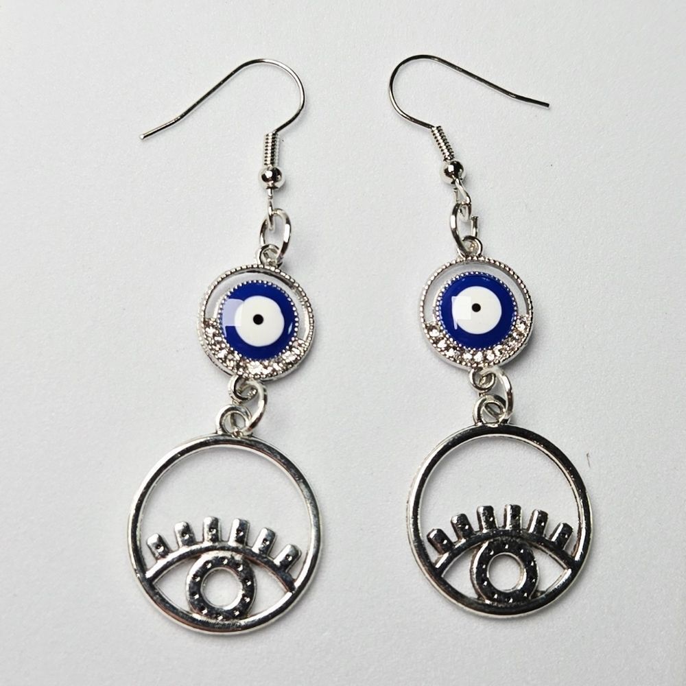 Evil Eye Earrings Blue Turkish Nazar Bead Rhinestone Halo All Seeing Eye Dangle